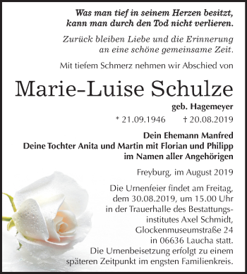 Traueranzeige von Marie-Luise Schulze von Mitteldeutsche Zeitung Naumburg/Nebra