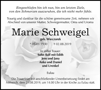 Traueranzeige von Marie Schweigel von Wochenspiegel Naumburg/Nebra