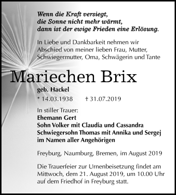 Traueranzeige von Mariechen Brix von Wochenspiegel Naumburg/Nebra