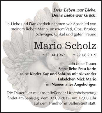 Traueranzeige von Mario Scholz von Mitteldeutsche Zeitung Quedlinburg