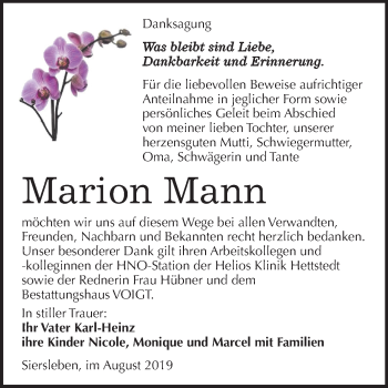 Traueranzeige von Marion Mann von Mitteldeutsche Zeitung Mansfelder Land