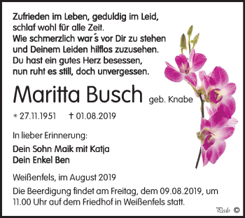 Traueranzeige von Maritta Busch von Wochenspiegel Weißenfels
