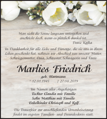 Traueranzeige von Marlies Friedrich von Mitteldeutsche Zeitung Halle/Saalkreis