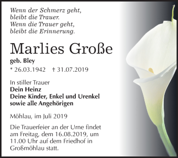 Traueranzeige von Marlies Große von Mitteldeutsche Zeitung Wittenberg