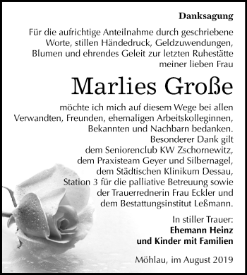Traueranzeige von Marlies Große von Mitteldeutsche Zeitung Wittenberg