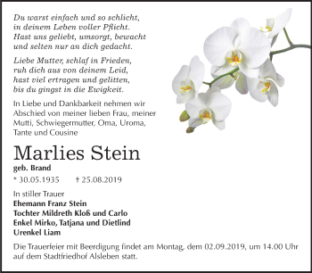 Traueranzeige von Marlies Stein von Mitteldeutsche Zeitung Bernburg