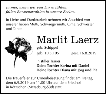 Traueranzeige von Marlit Laerz von Mitteldeutsche Zeitung Merseburg/Querfurt