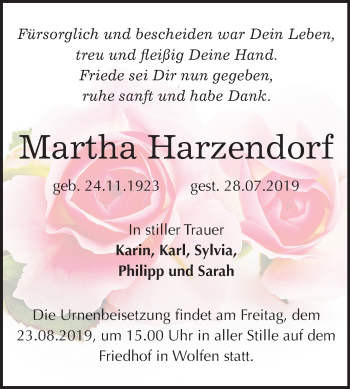 Traueranzeige von Martha Harzendorf von Wochenspiegel Bitterfeld