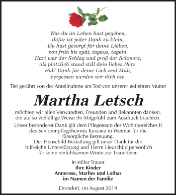 Traueranzeige von Martha Letsch von Mitteldeutsche Zeitung Naumburg/Nebra