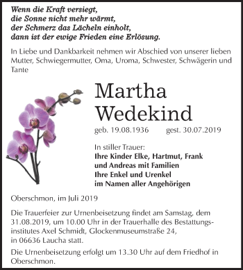 Traueranzeige von Martha Wedekind von Wochenspiegel Merseburg/Querfurt