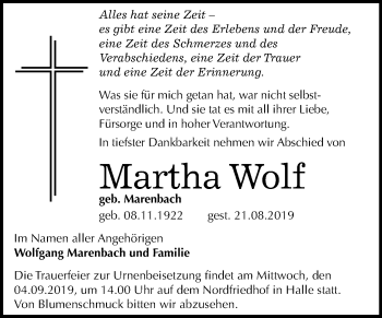Traueranzeige von Martha Wolf von Mitteldeutsche Zeitung Halle/Saalkreis