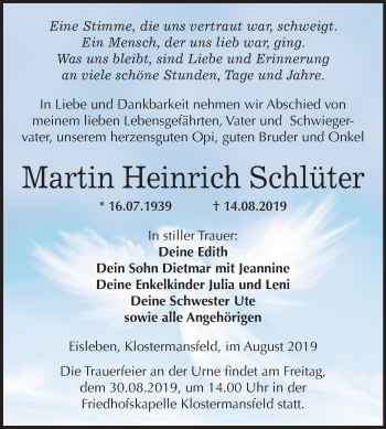 Traueranzeige von Martin Heinrich Schlüter von Wochenspiegel Mansfelder Land