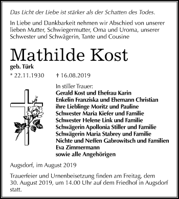 Traueranzeige von Mathilde Kost von Super Sonntag Mansfelder Land