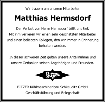 Traueranzeige von Matthias Hermsdorf von Mitteldeutsche Zeitung Halle/Saalkreis