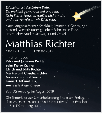Traueranzeige von Matthias Richter von Super Sonntag Merseburg/Querfurt