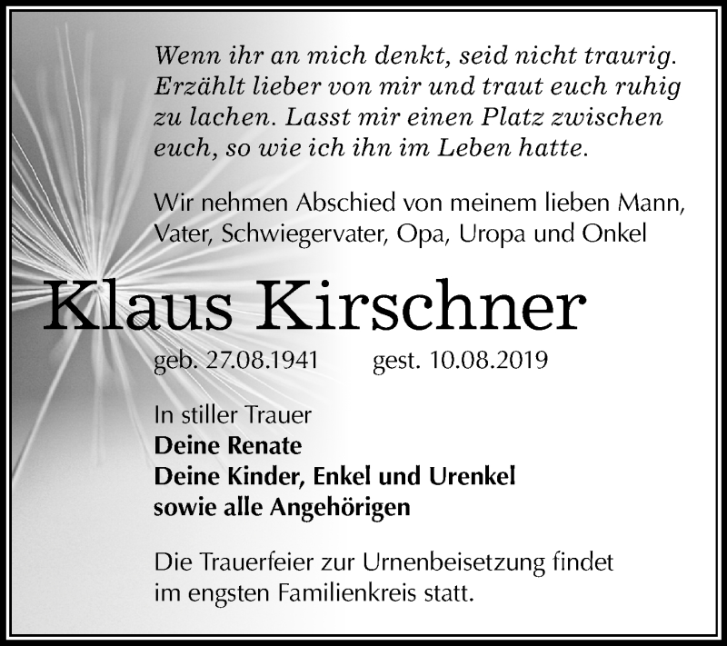  Traueranzeige für Klaus Kirschner vom 17.08.2019 aus Mitteldeutsche Zeitung Mansfelder Land