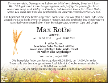 Traueranzeige von Max Rothe von Mitteldeutsche Zeitung Naumburg/Nebra