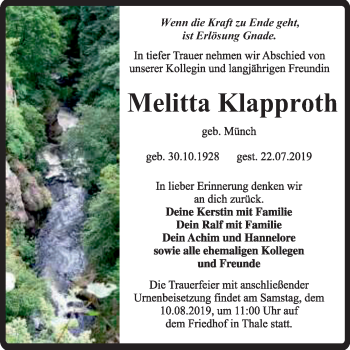 Traueranzeige von Melitta Klapproth von Super Sonntag Quedlinburg