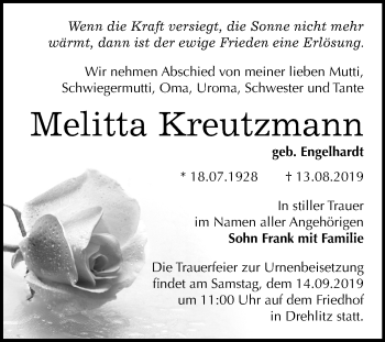 Traueranzeige von Melitta Kreutzmann von Mitteldeutsche Zeitung Halle/Saalkreis