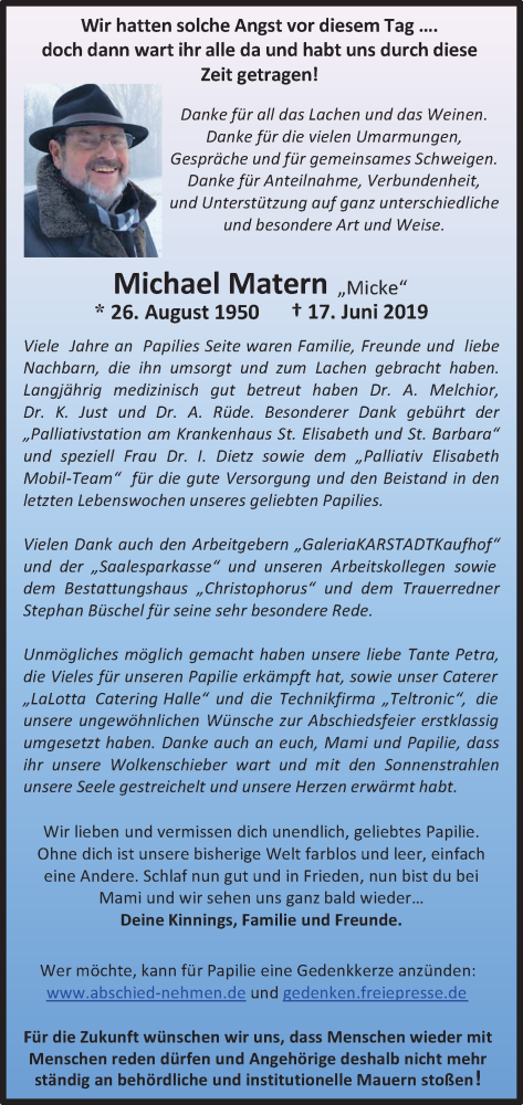  Traueranzeige für Michael Matern vom 10.08.2019 aus Mitteldeutsche Zeitung Halle/Saalkreis