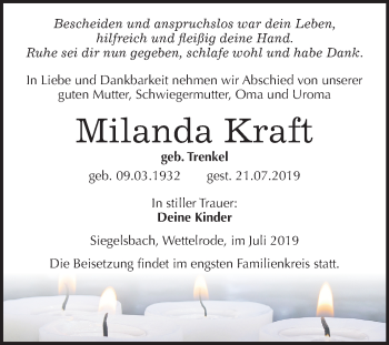 Traueranzeige von Milanda Kraft von Super Sonntag Sangerhausen