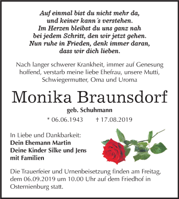 Traueranzeige von Monika Braunsdorf von Super Sonntag Köthen