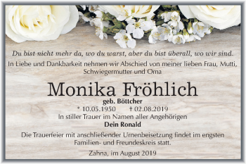 Traueranzeige von Monika Fröhlich von Mitteldeutsche Zeitung Wittenberg