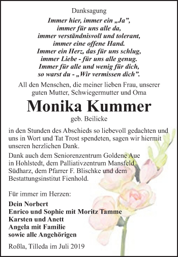 Traueranzeige von Monika Kummer von Mitteldeutsche Zeitung Sangerhausen