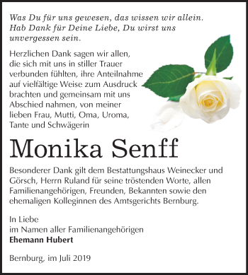Traueranzeige von Monika Senff von Super Sonntag Bernburg
