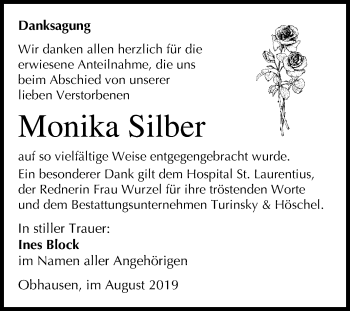 Traueranzeige von Monika Silber von Super Sonntag Merseburg/Querfurt
