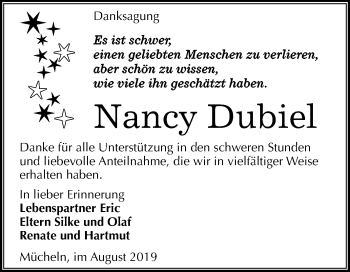 Traueranzeige von Nancy Dubiel von Super Sonntag Merseburg/Querfurt