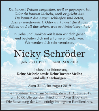 Traueranzeige von Nicky Schröder von Mitteldeutsche Zeitung Köthen