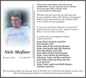 Traueranzeige von Niels Meißner von Mitteldeutsche Zeitung Wittenberg