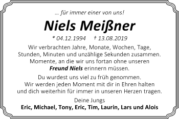 Traueranzeige von Niels Meißner von Mitteldeutsche Zeitung Wittenberg