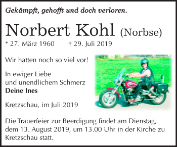 Traueranzeige von Norbert Kohl von Mitteldeutsche Zeitung Zeitz