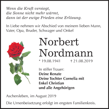 Traueranzeige von Norbert Nordmann von Wochenspiegel Aschersleben