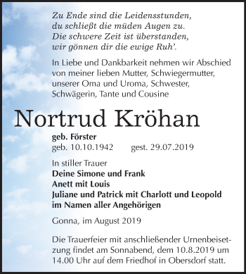 Traueranzeige von Nortrud Kröhan von Super Sonntag Sangerhausen