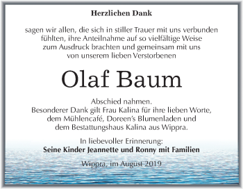 Traueranzeige von Olaf Baum von Super Sonntag Mansfelder Land
