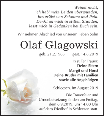 Traueranzeige von Olaf Glagowski von Mitteldeutsche Zeitung Wittenberg