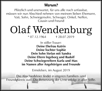 Traueranzeige von Olaf Wendenburg von Mitteldeutsche Zeitung Quedlinburg