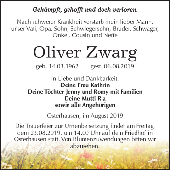 Traueranzeige von Oliver Zwarg von Super Sonntag Mansfelder Land