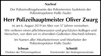 Traueranzeige von Oliver Zwarg von Mitteldeutsche Zeitung Mansfelder Land