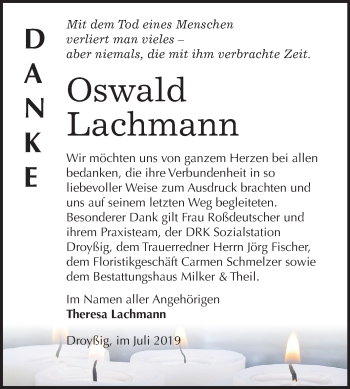 Traueranzeige von Oswald Lachmann von Super Sonntag Zeitz