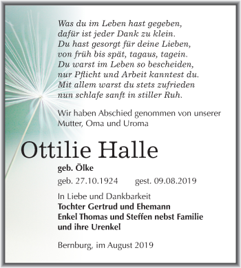 Traueranzeige von Ottilie Halle von Super Sonntag Bernburg