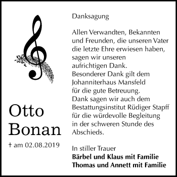 Traueranzeige von Otto Bonan von Mitteldeutsche Zeitung Mansfelder Land