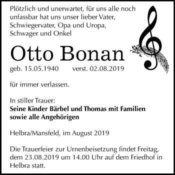 Traueranzeige von Otto Bonan von Mitteldeutsche Zeitung Mansfelder Land