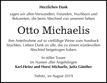 Traueranzeige von Otto Michaelis von Mitteldeutsche Zeitung Wittenberg