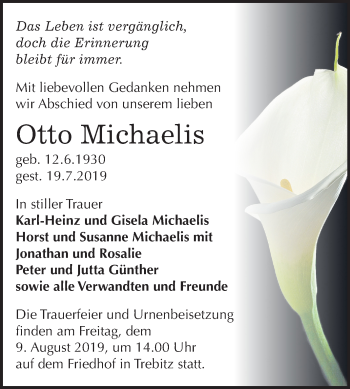Traueranzeige von Otto Michaelis von Super Sonntag Wittenberg