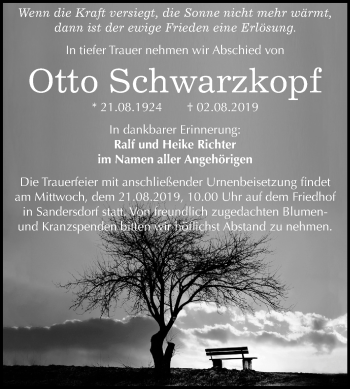 Traueranzeige von Otto Schwarzkopf von Wochenspiegel Bitterfeld