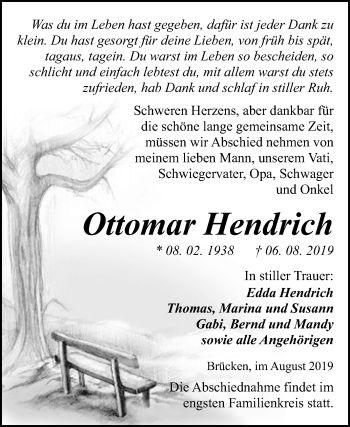 Traueranzeige von Ottomar Hendrich von Super Sonntag Sangerhausen